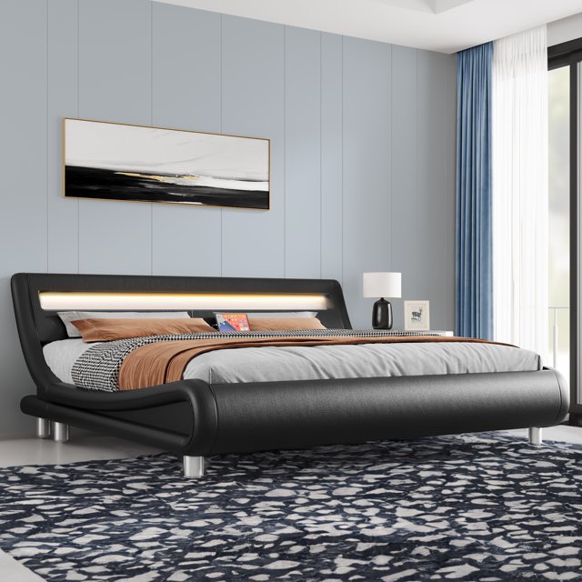 Uforic King Size PU Leather Bed Frame with Adjustable LED Headboard