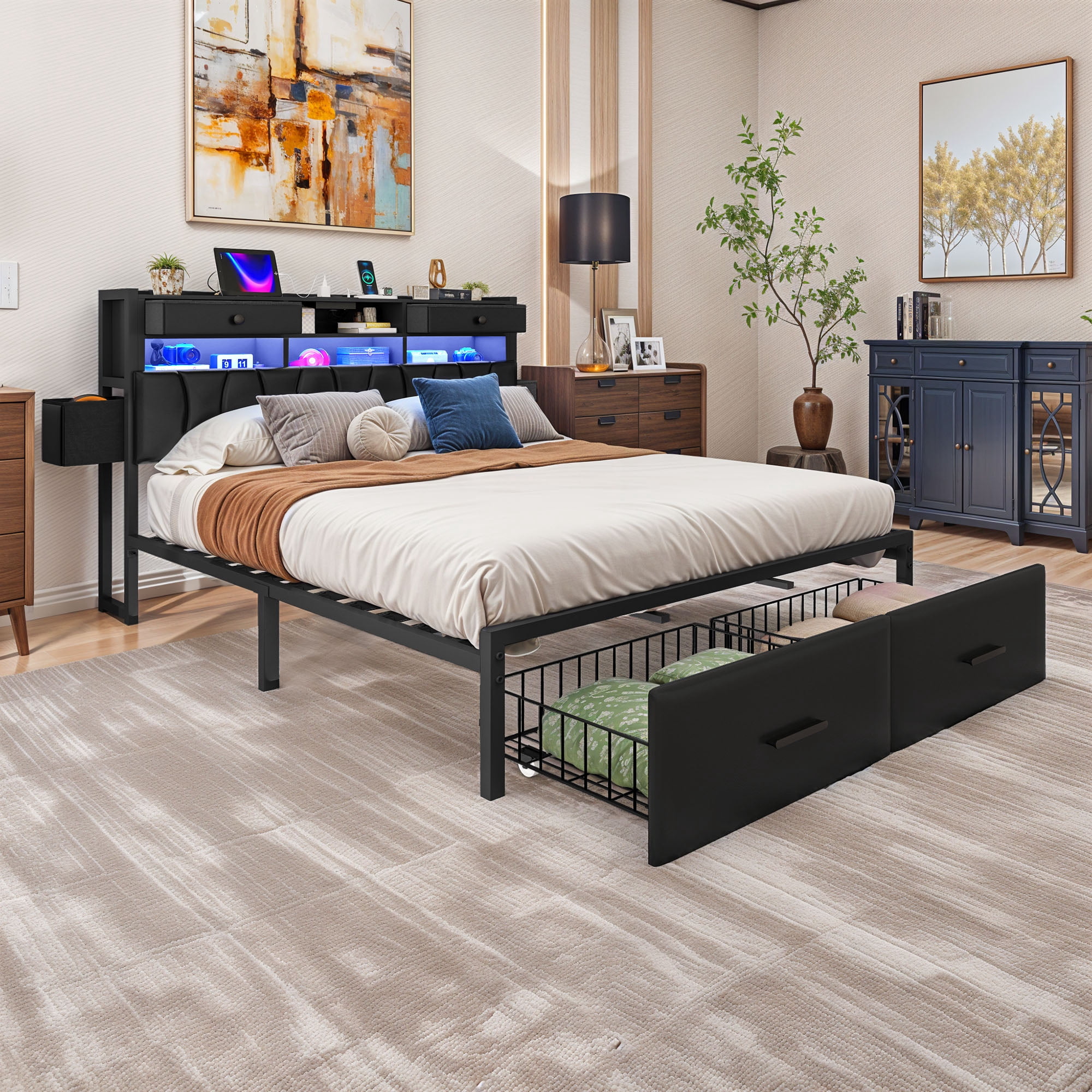 Uforic King Size PU Leather Platform Bed Frame with 3-Tier Storage Headboard 2 Underbed Rolling Drawers & Side Storage Boxes, No Box Spring Required, Black