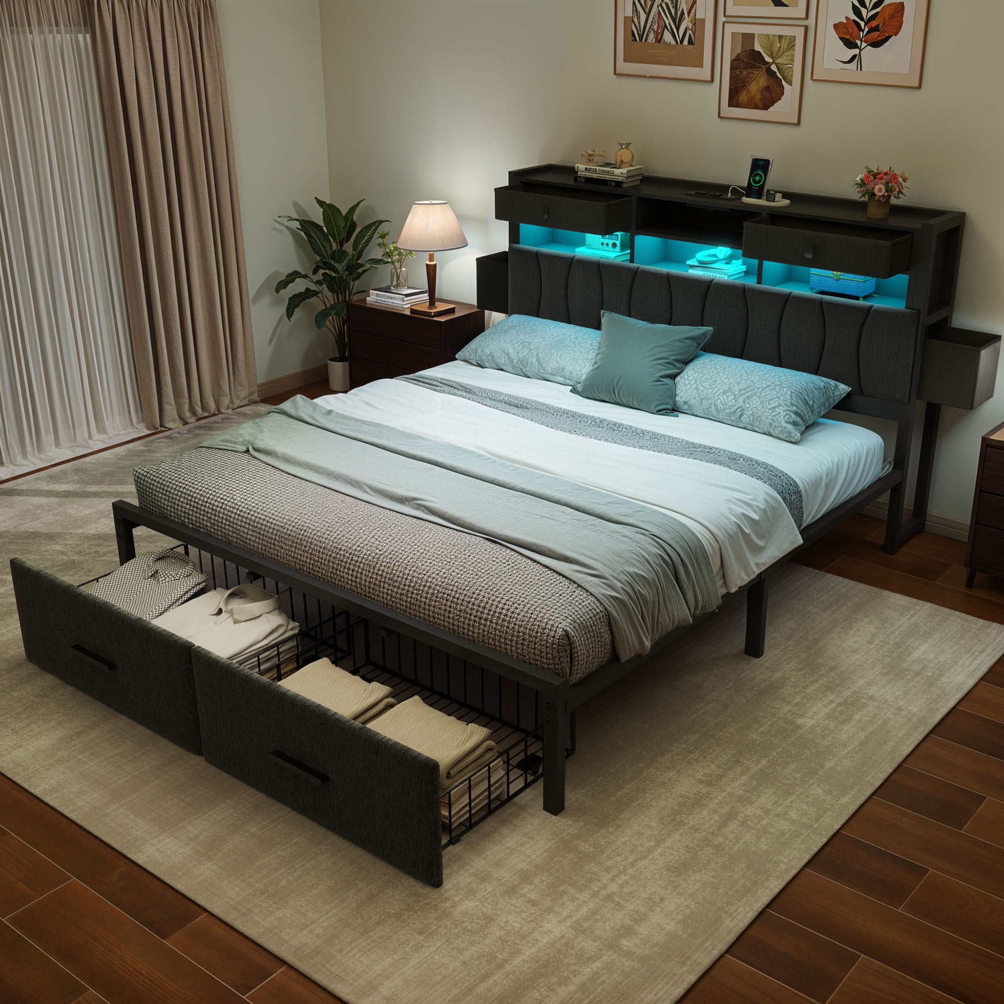 Uforic King Size PU Leather Platform Bed Frame with 3-Tier Storage Headboard 2 Underbed Rolling Drawers & Side Storage Boxes, No Box Spring Required, Gray