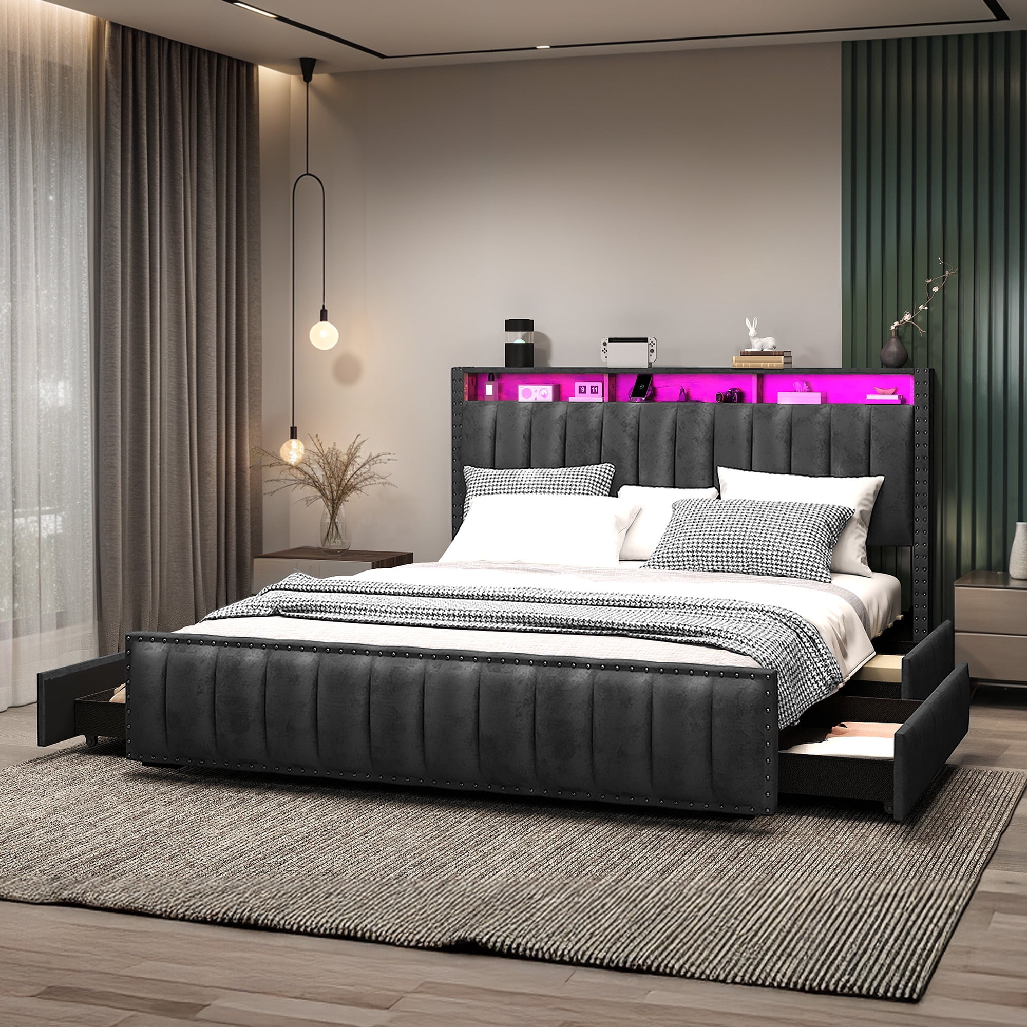 Uforic King Size Storage Bed Frame with Charging Station & Drawers, Platform Bed Frame with Drawers, Gray