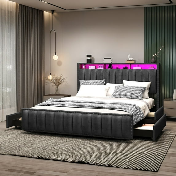 Uforic King Size Storage Bed Frame with Charging Station & Drawers, Platform Bed Frame with Drawers, Gray