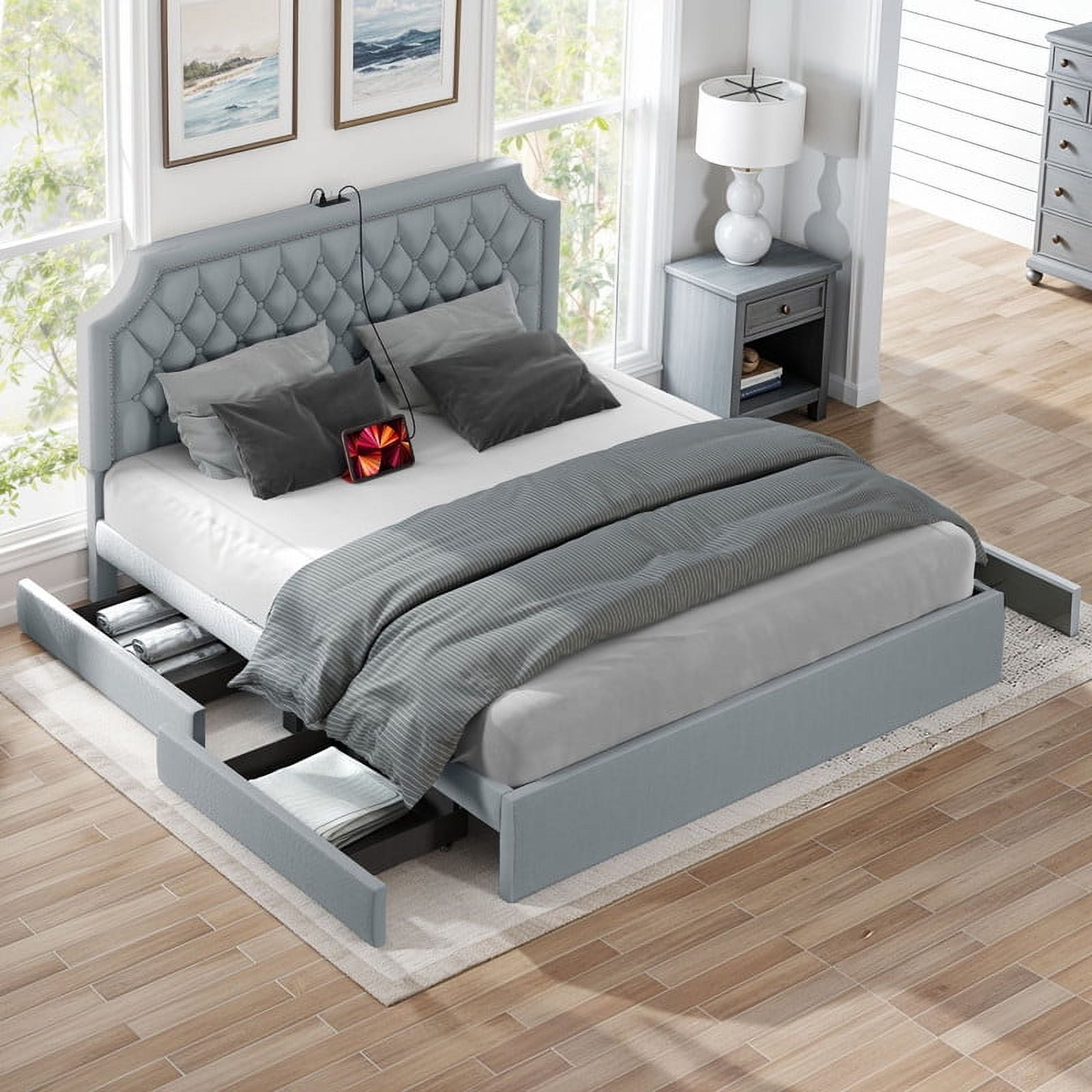 Uforic King Size Upholstered Velvet Bed Frame with Storage Drawers ...