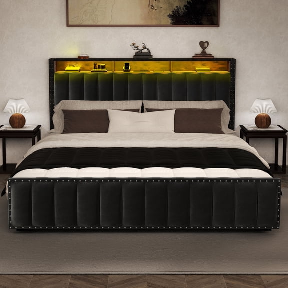 Uforic King Size Upholstered Bed Frame with Power Outlets & Drawers, Platform Bed Frame with LED Lights Headboard, Black
