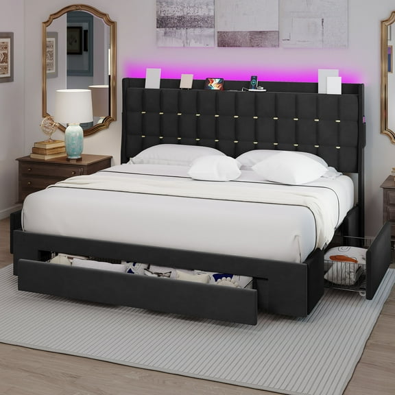 Uforic King Size Upholstered Bed Frame with Power Outlets & Drawers, Platform Bed Frame with LED Lights Tall Headboard, Black