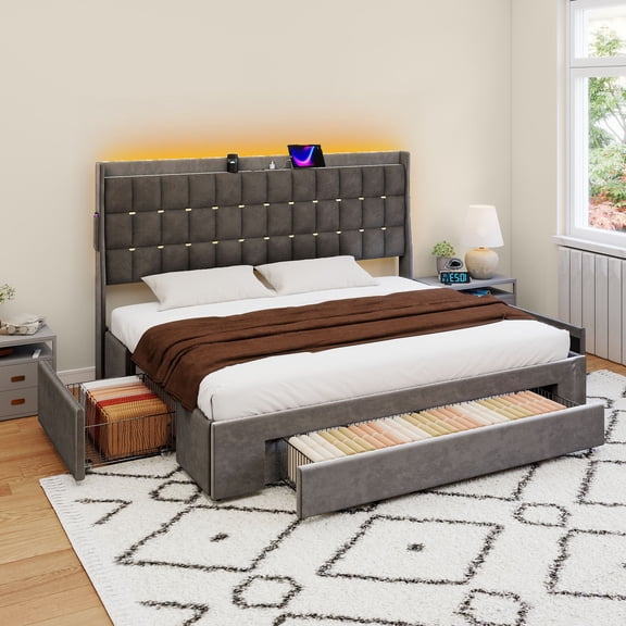 Uforic King Size Upholstered Bed Frame with Power Outlets & Drawers, Platform Bed Frame with LED Lights Tall Headboard, Gray