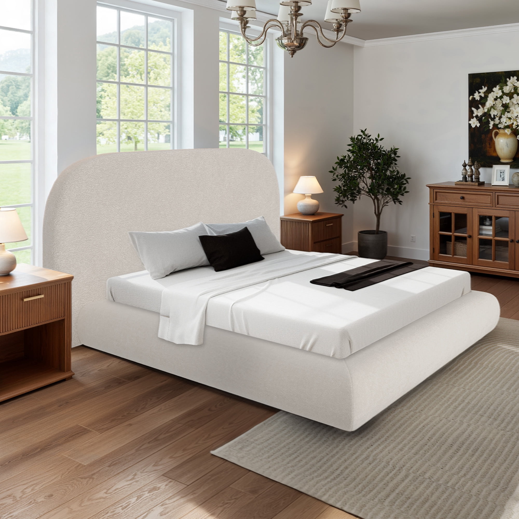 Uforic King Size Velvet Upholstered Platform Bed Frame, Modern Cloud Soft Bed with Rounded Corner Headboard & Footboard, White, No Box Spring Included