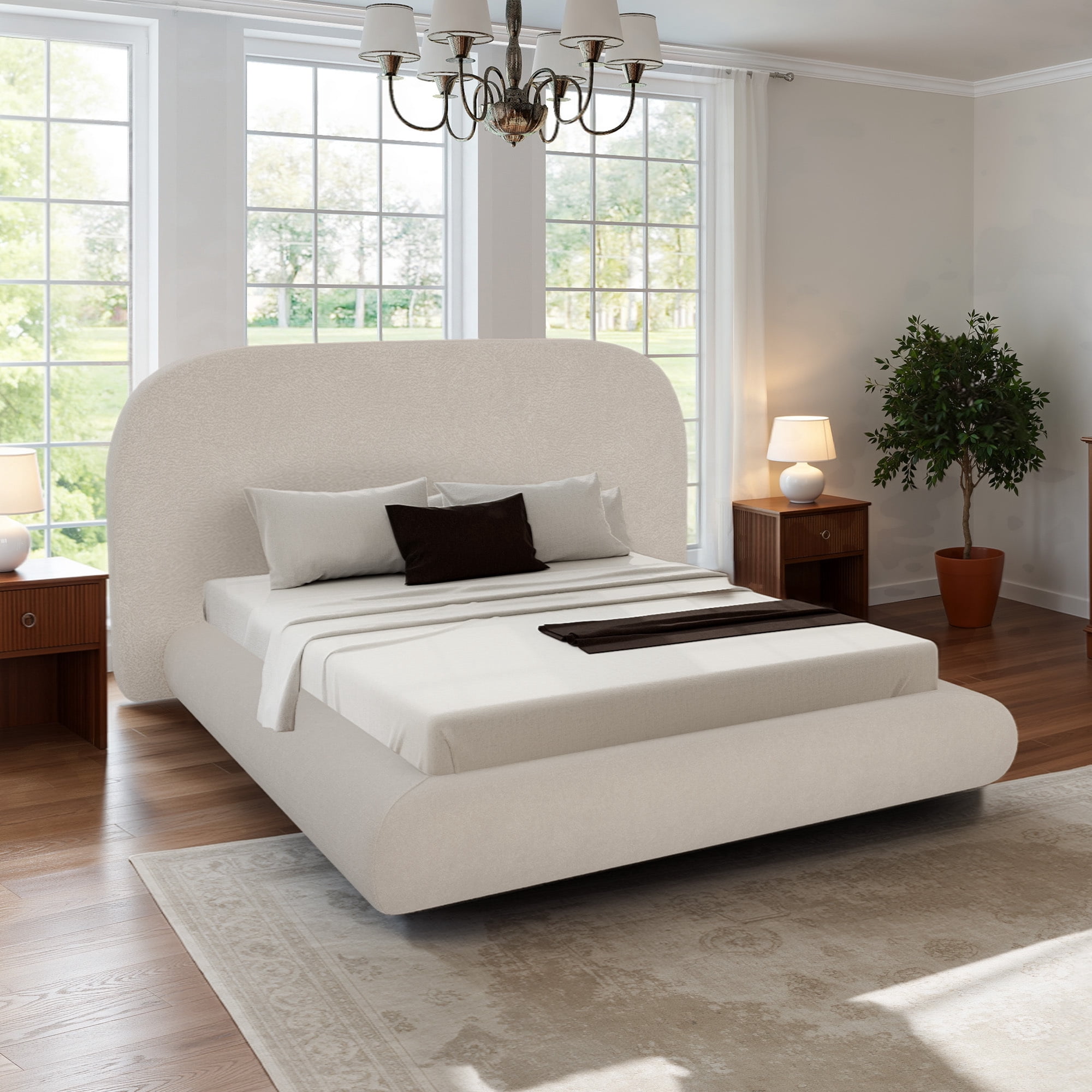 Uforic King Size Velvet Upholstered Platform Bed Frame, Modern Cloud Soft Bed with Rounded Corner Headboard & Footboard, White