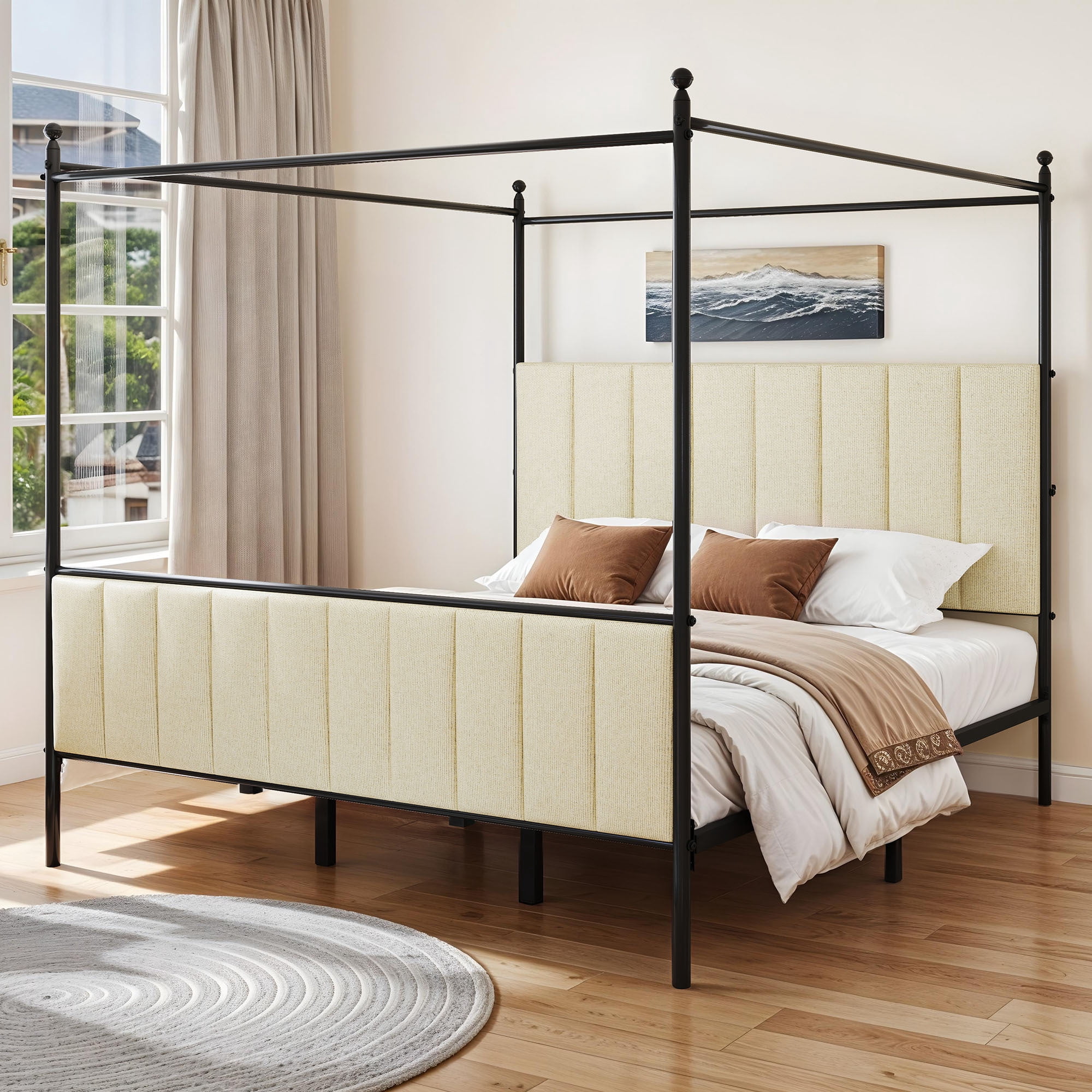 Uforic King Upholstered Metal Canopy Bed with Adjustable Platform Frame, Cushioned Headboard & Footboard, Beige