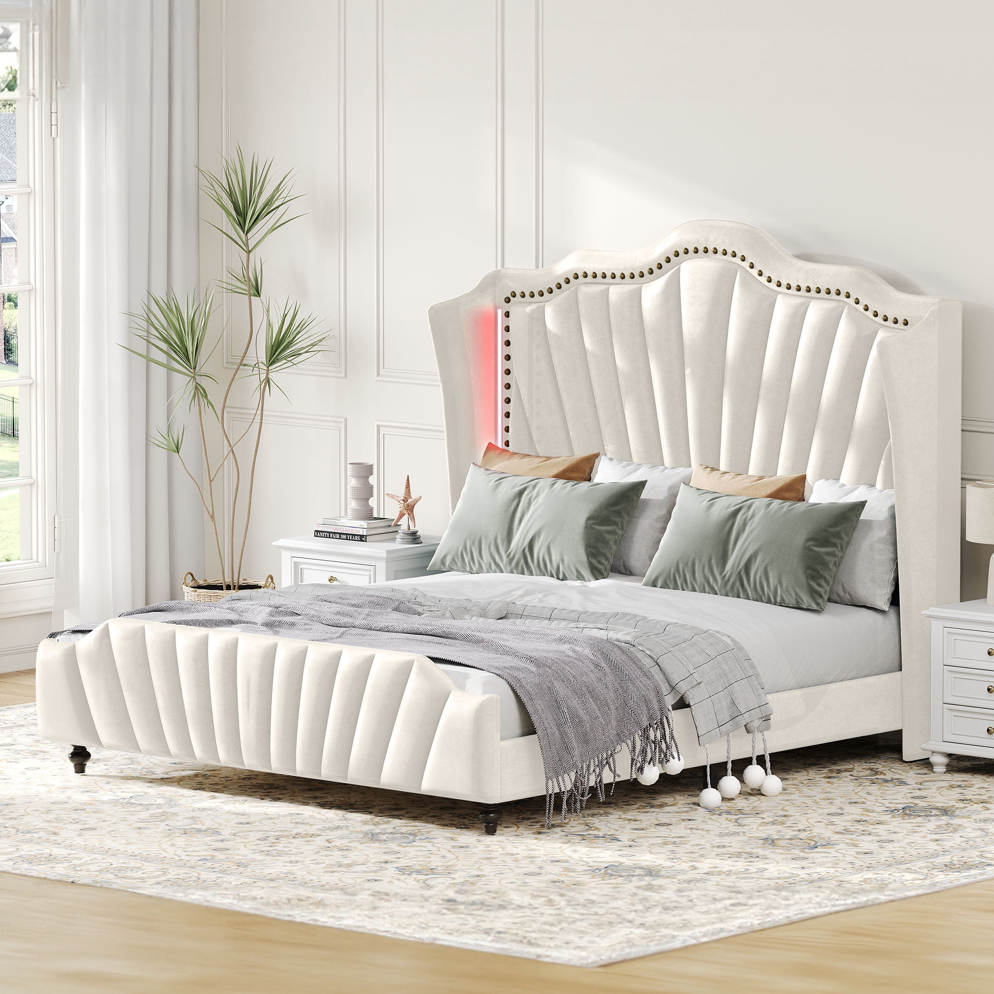 Uforic King Upholstered Platform Bed with Tall Wingback Headboard ...