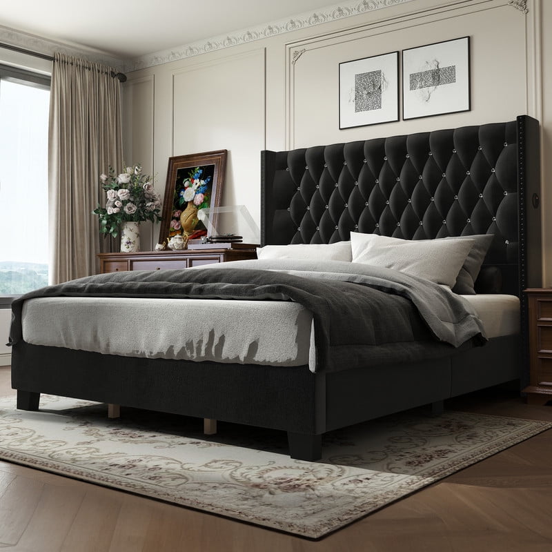 Free Shipping! Uforic Velvet Upholstered Wingback Bed Frame with USB