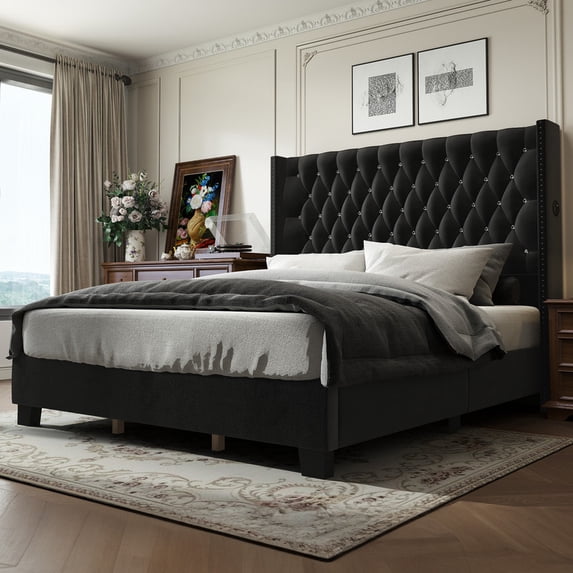 Uforic King Wingback Bed Frame with 58" Tall Headboard and USB Charging Stations, Tufted Velvet Upholstered Platform Bed, Easy Assembly, Black