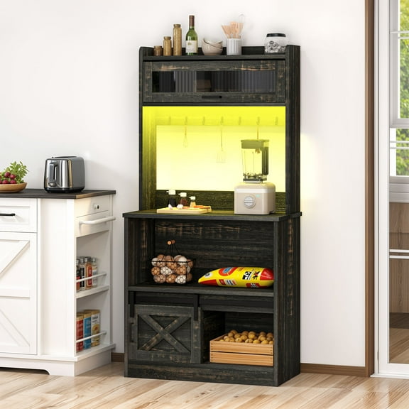Uforic Kitchen Bakers Rack with Power Outlets & Hooks, Microwave Stand with LED Lights, Dark Oak