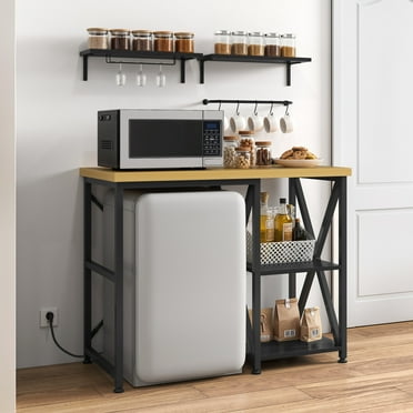 Uforic Kitchen Bakers Rack with Power Outlets & Wall Mount Storage Shelves, Black