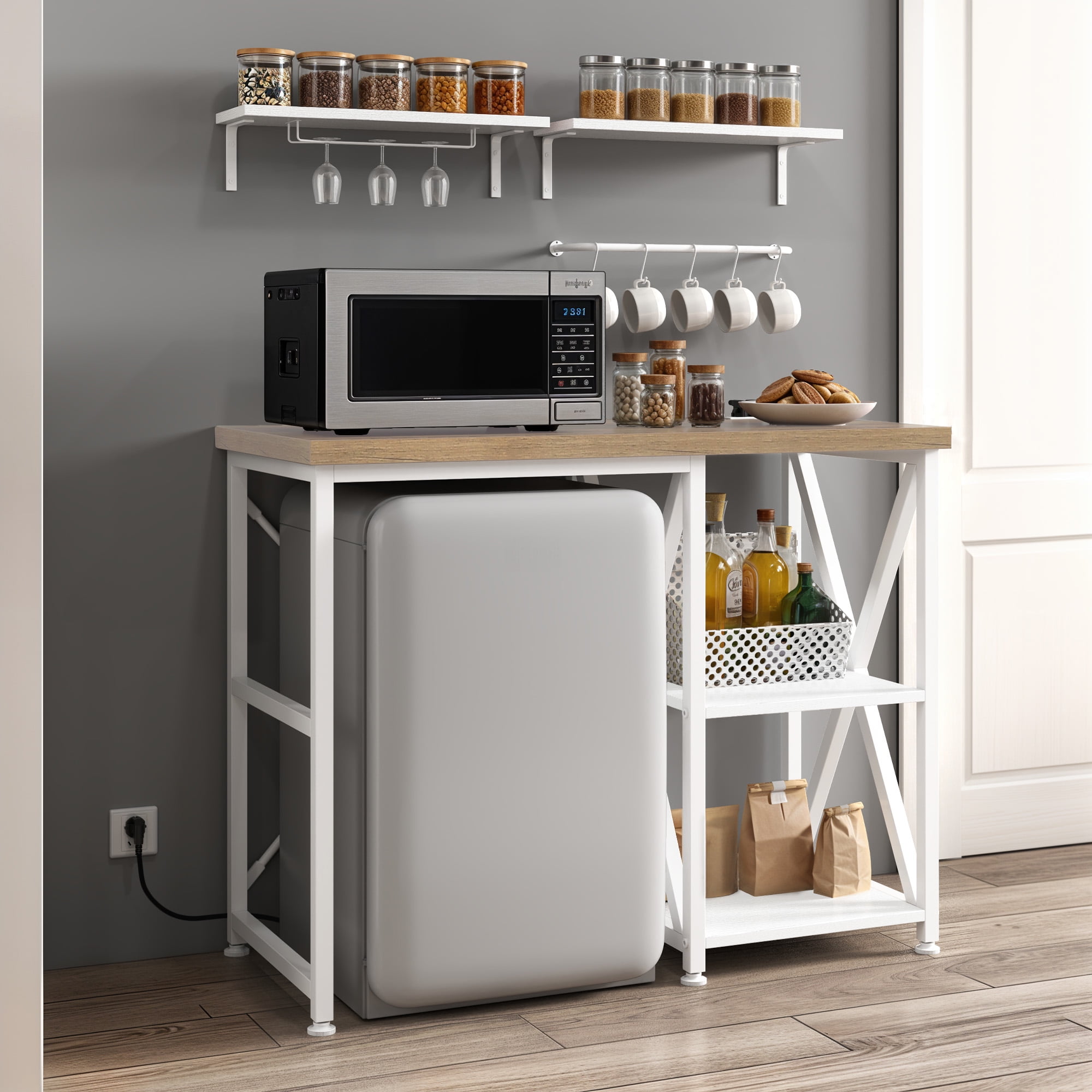 Uforic Kitchen Bakers Rack with Power Outlets & Wall Mount Storage Shelves, White