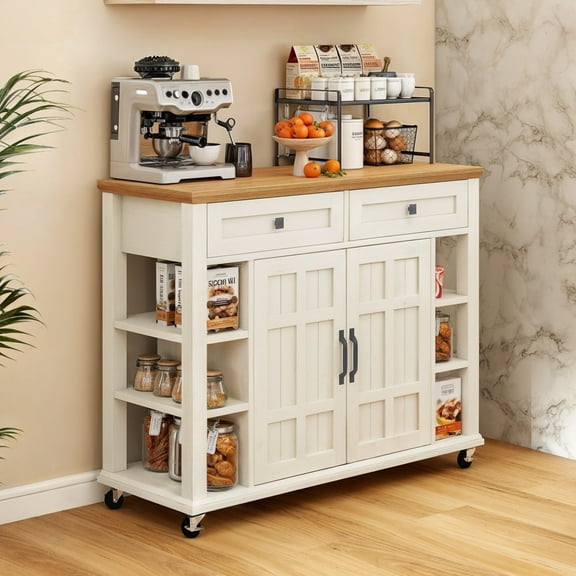 Uforic Kitchen Island Cart, Kitchen Storage Cart with Drawers & Storage Shelves, Off-White