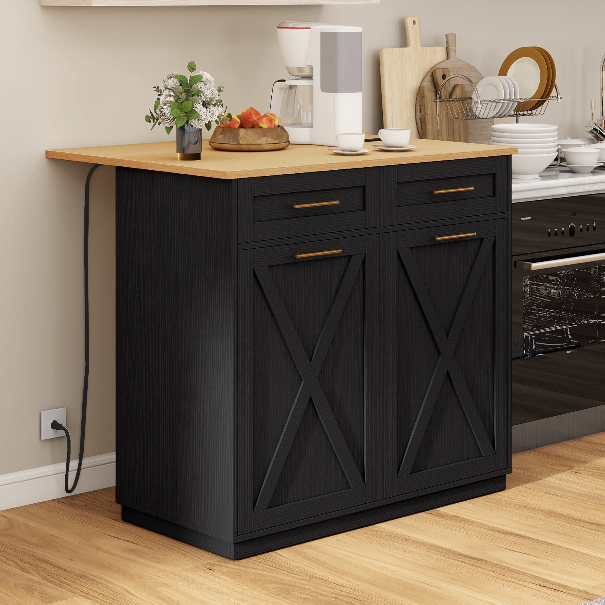 Uforic Kitchen Island Table with Drop Leaf & Power Outlets & Trash Storage, Black