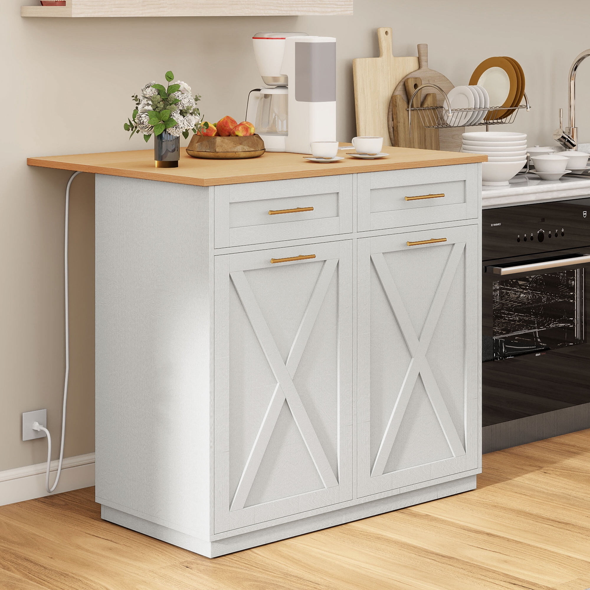 Uforic Kitchen Storage Cart with Drop Leaf & Shelves, Kitchen Island Table with Power Outlets & Trash Storage, White