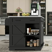 Uforic Kitchen Island Table with Drop Leaf & Storage, Kitchen Cart with Power Outlets, Black