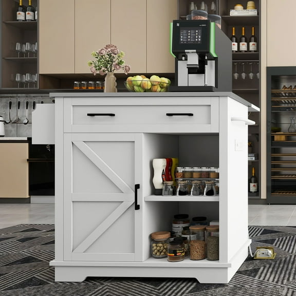 Uforic Kitchen Island Table with Drop Leaf & Storage, Kitchen Cart with Power Outlets, White