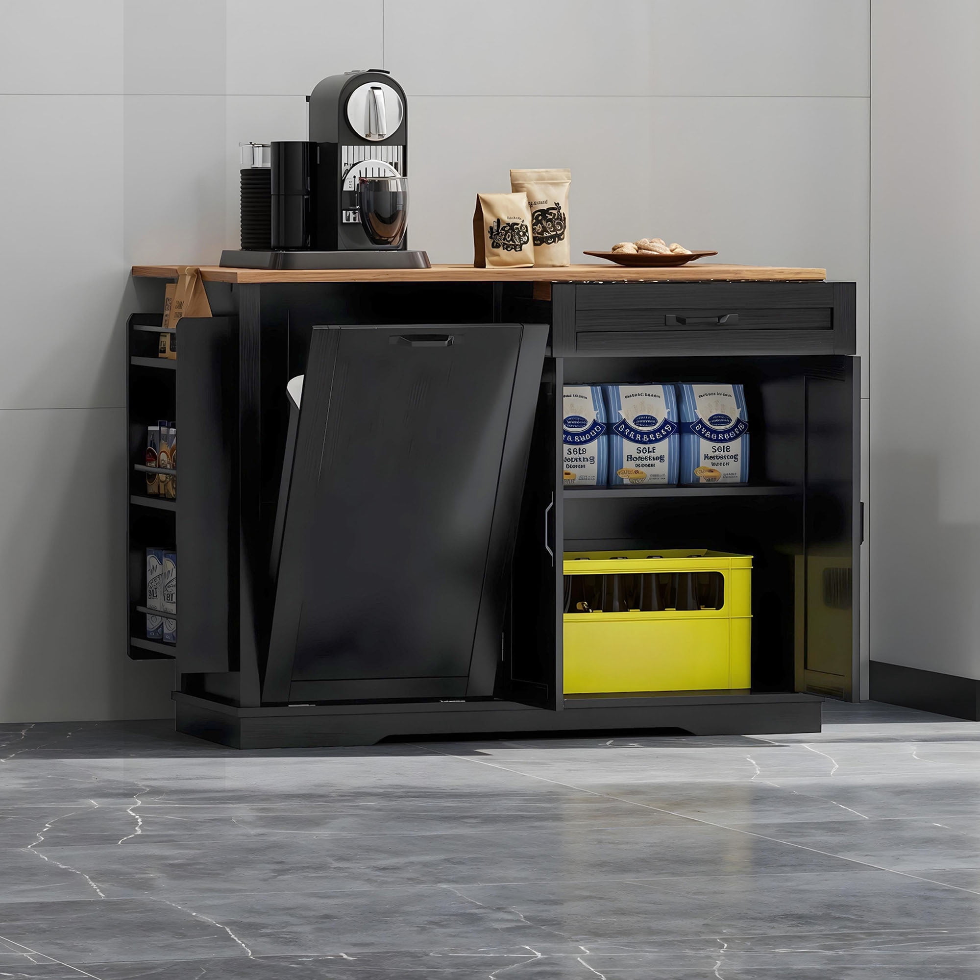 Uforic Kitchen Island Table with Drop Leaf & Wheels, Kitchen Island Cart with Trash Storage, Black