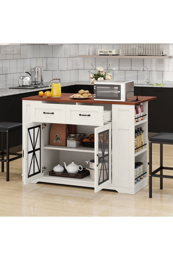 Kitchen Island Table with Seating & Drop Leaf, Kitchen Island with Storage & Wheels, Off-White