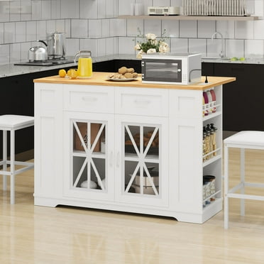 Uforic Kitchen Island Table with Seating & Drop Leaf, Kitchen Island with Storage & Wheels, White