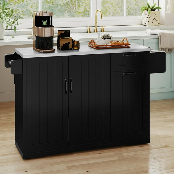 Uforic Kitchen Island Table with Stainless Steel top & Storage, Kitchen Island with Drop Leaf, Black