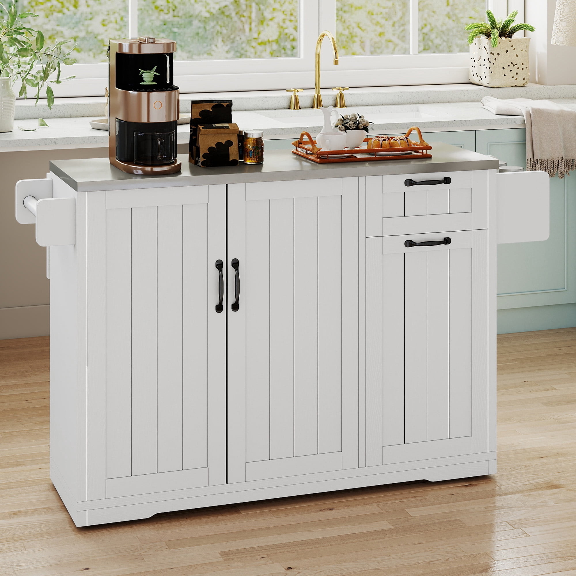 Uforic Kitchen Island Table with Stainless Steel top & Storage, Kitchen Island with Drop Leaf, White
