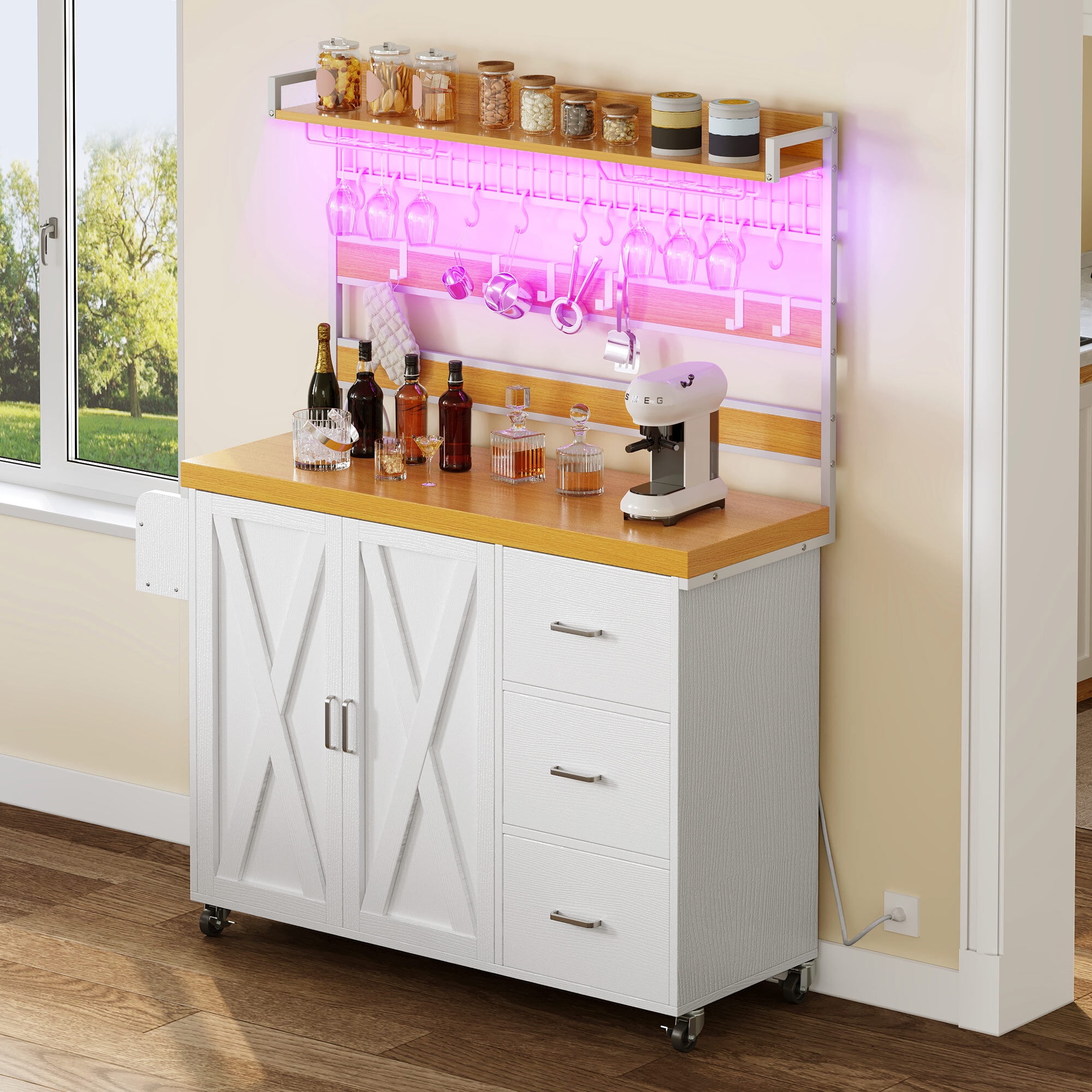 Uforic Kitchen Island with Drawers & Storage Rack, Kitchen Storage Cart with Doors & Hooks, White
