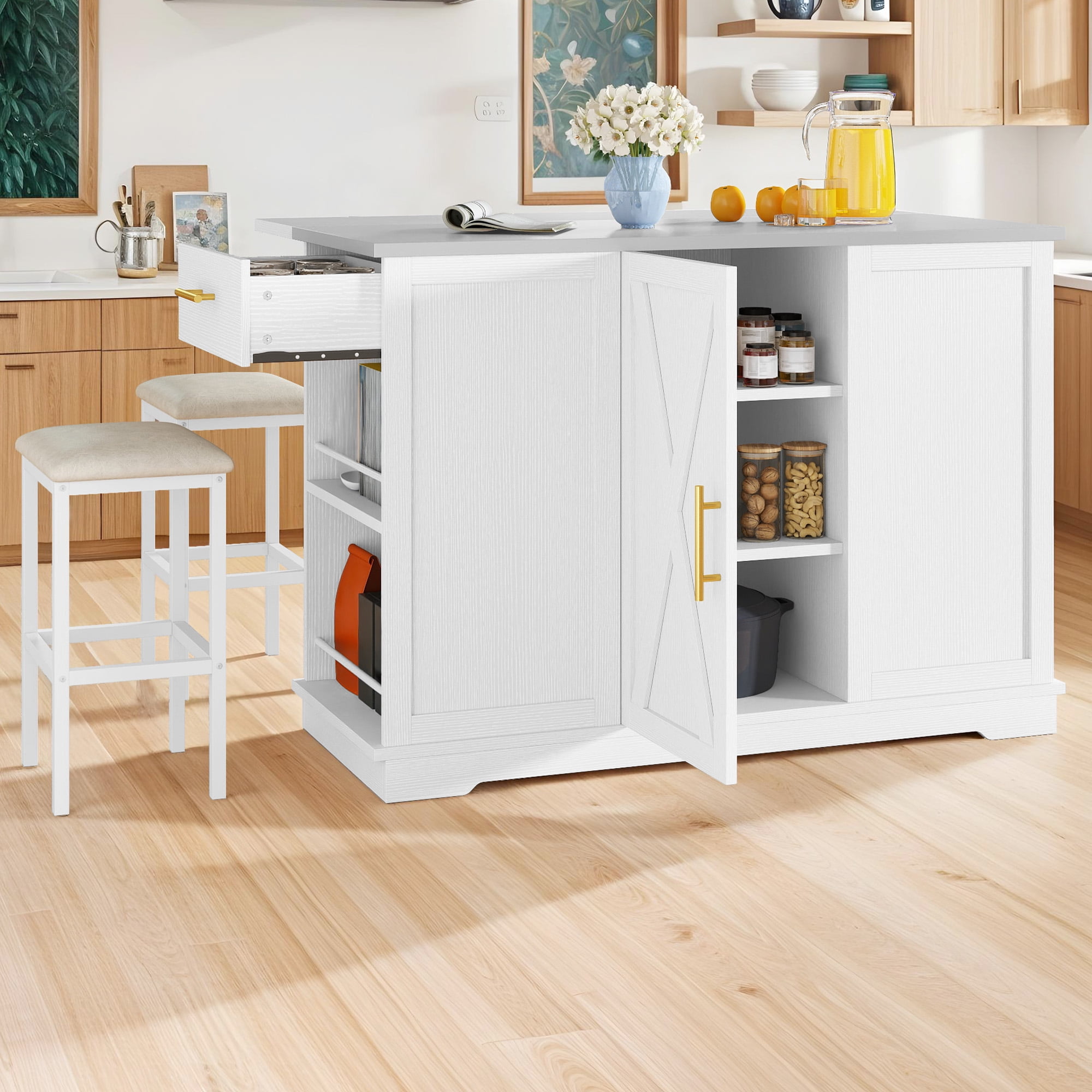 Uforic Kitchen Island with Drop Leaf & Seatings, Island with Power Outlets & Trash Storage, White