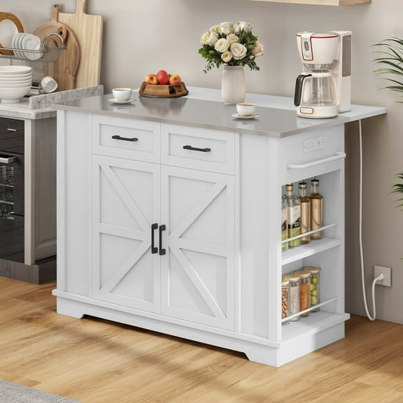 Uforic Kitchen Island with Drop Leaf & Storage, Kitchen Island Cart with Power Outlets, Black