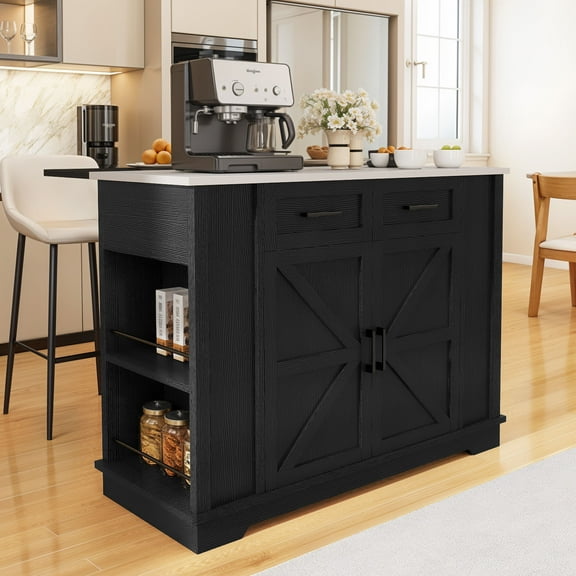 Uforic Kitchen Island with Drop Leaf & Storage, Kitchen Island Cart with Power Outlets, White