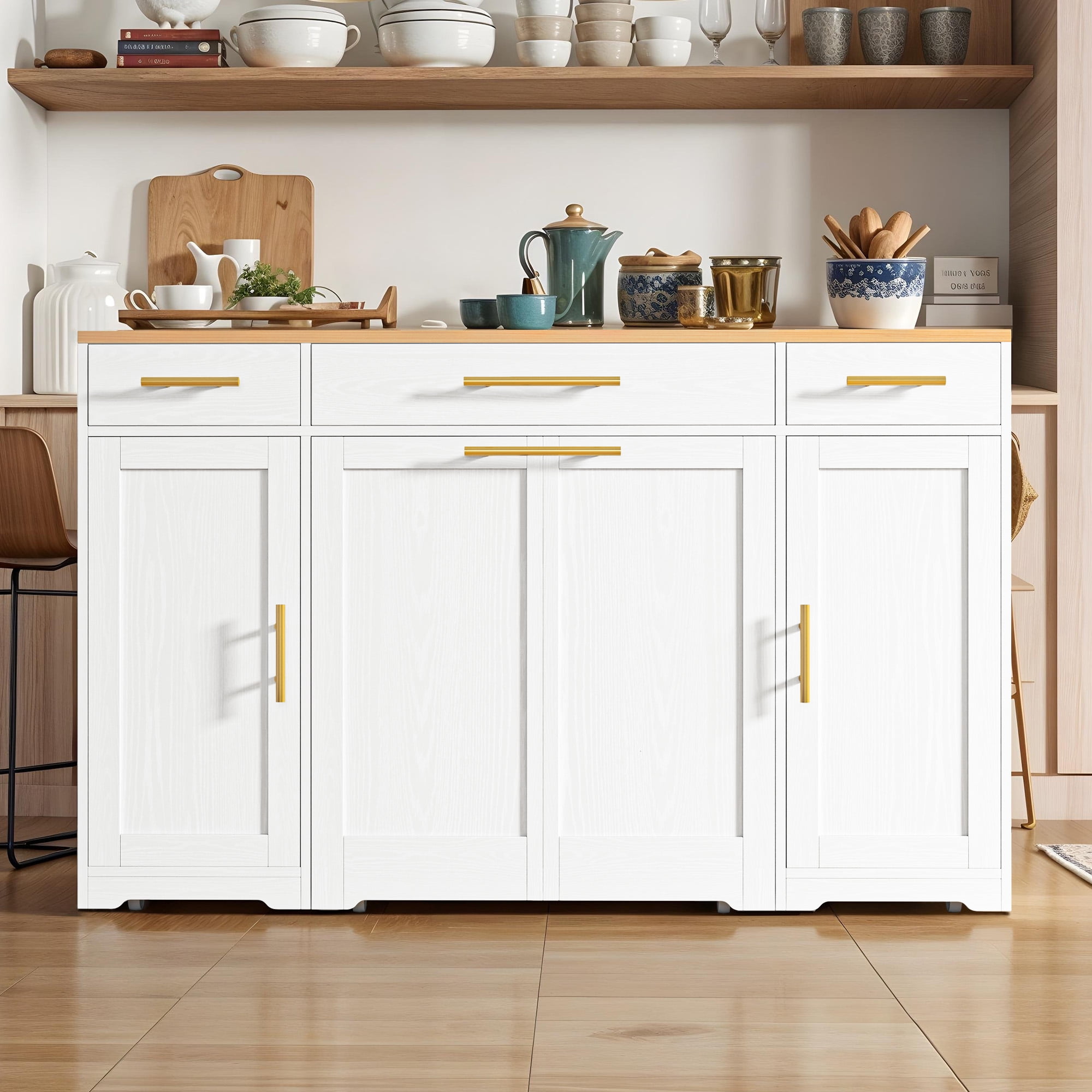 Uforic Kitchen Island with Drop Leaf & Wheels, Island Table with Trash Storage Cabinet, White