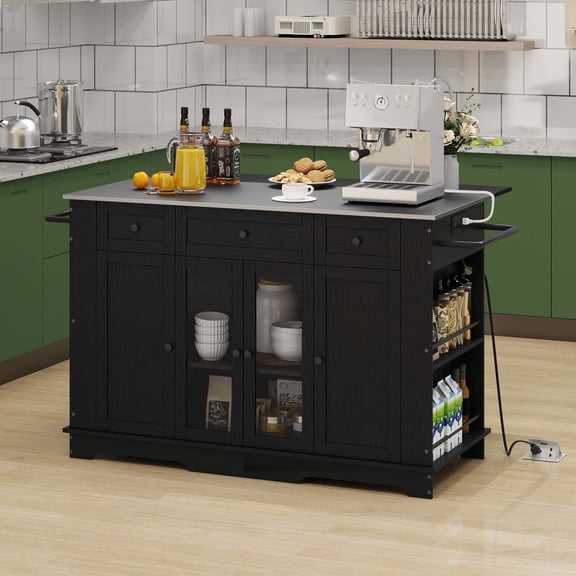Uforic Kitchen Island with Storage & Drop Leaf, Kitchen Island Cart with Power Outlets, Black