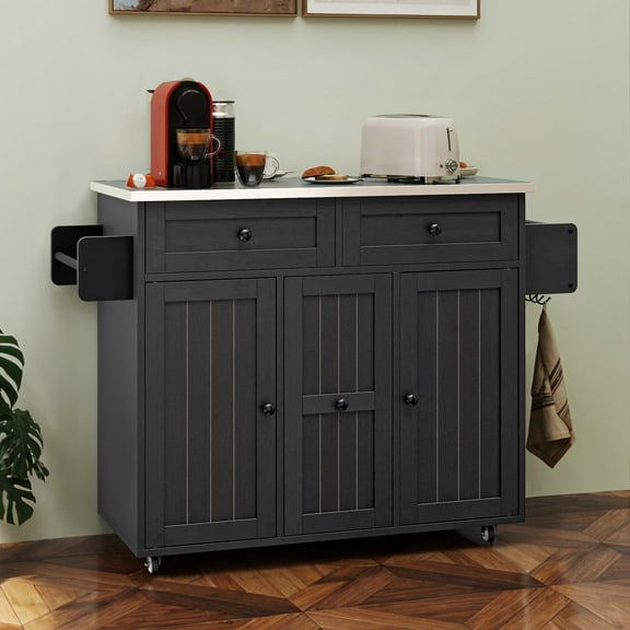 Uforic Kitchen Island with Wheels & Storage, Kitchen Island Cart with Drop Leaf, Black