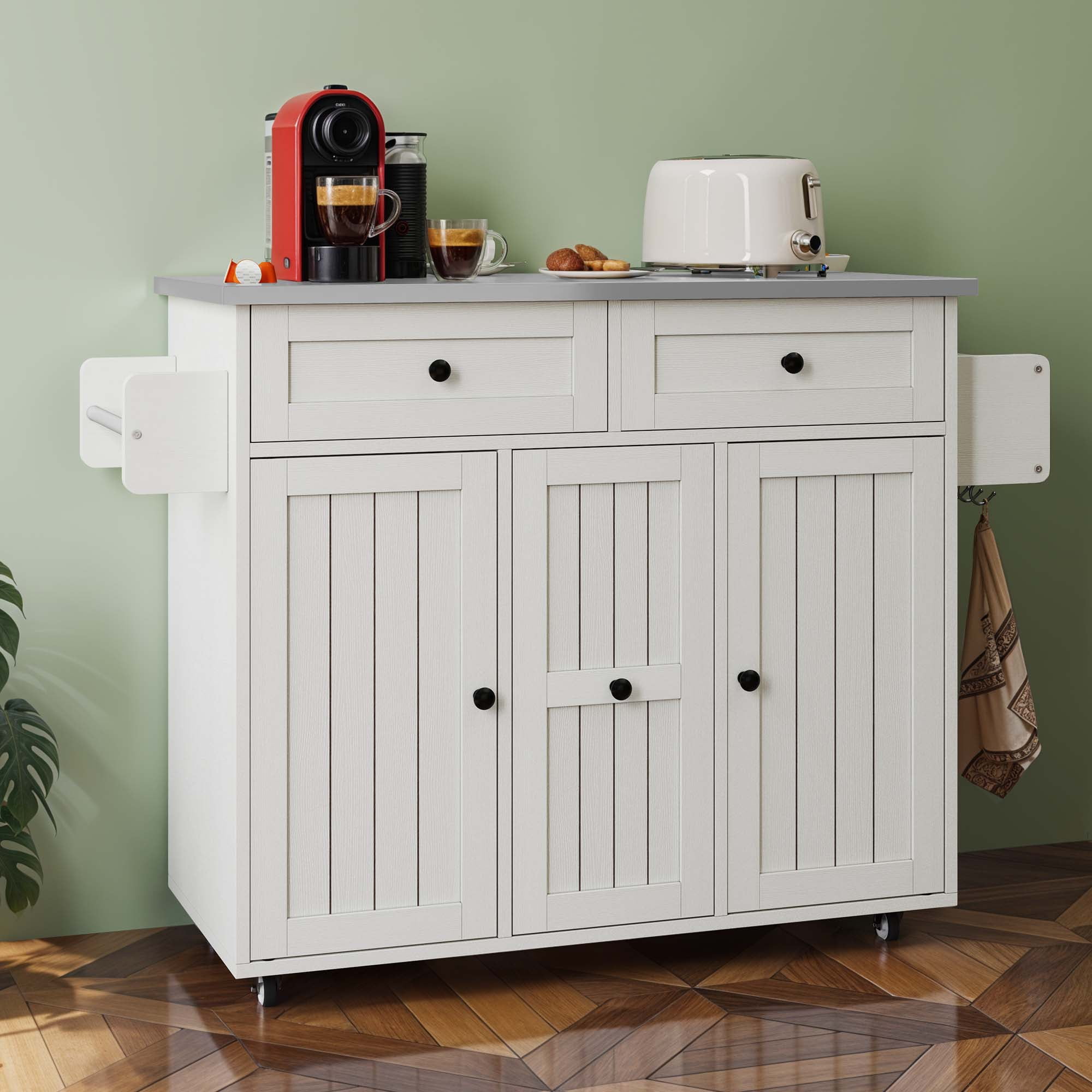 Uforic Kitchen Island with Wheels & Storage, Kitchen Island Cart with Drop Leaf, White