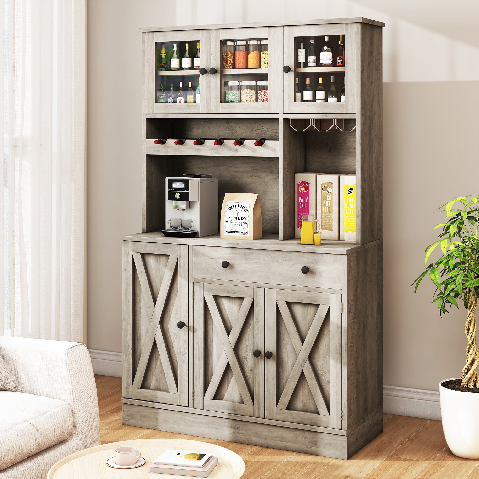 Uforic Kitchen Pantry Cabinet with Charging Station and Drawers,Storage Cabinet for Entryway, Kitchen Gray