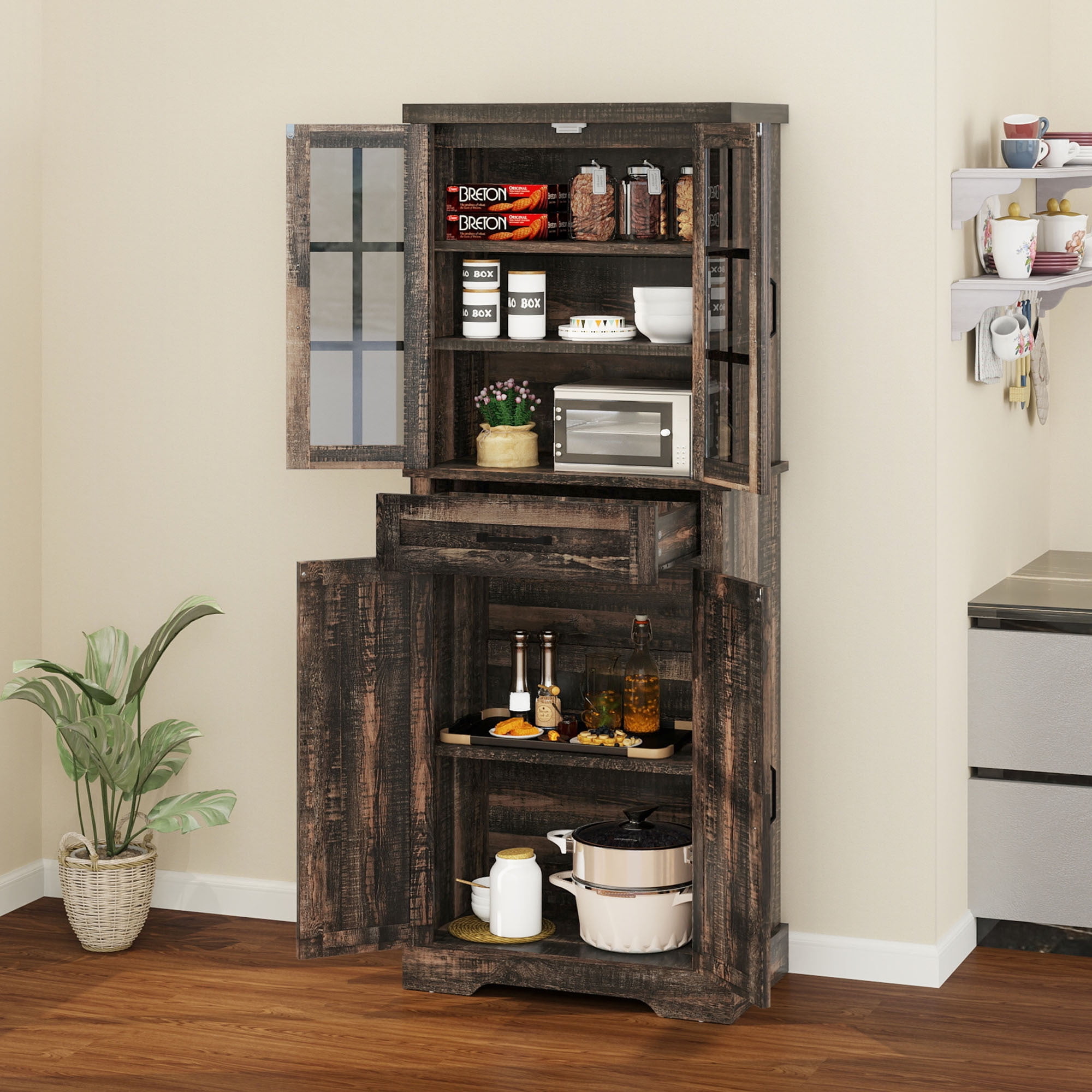 Uforic Wooden Pantry Cabinet with Doors & Drawer, Adjustable Shelves ...