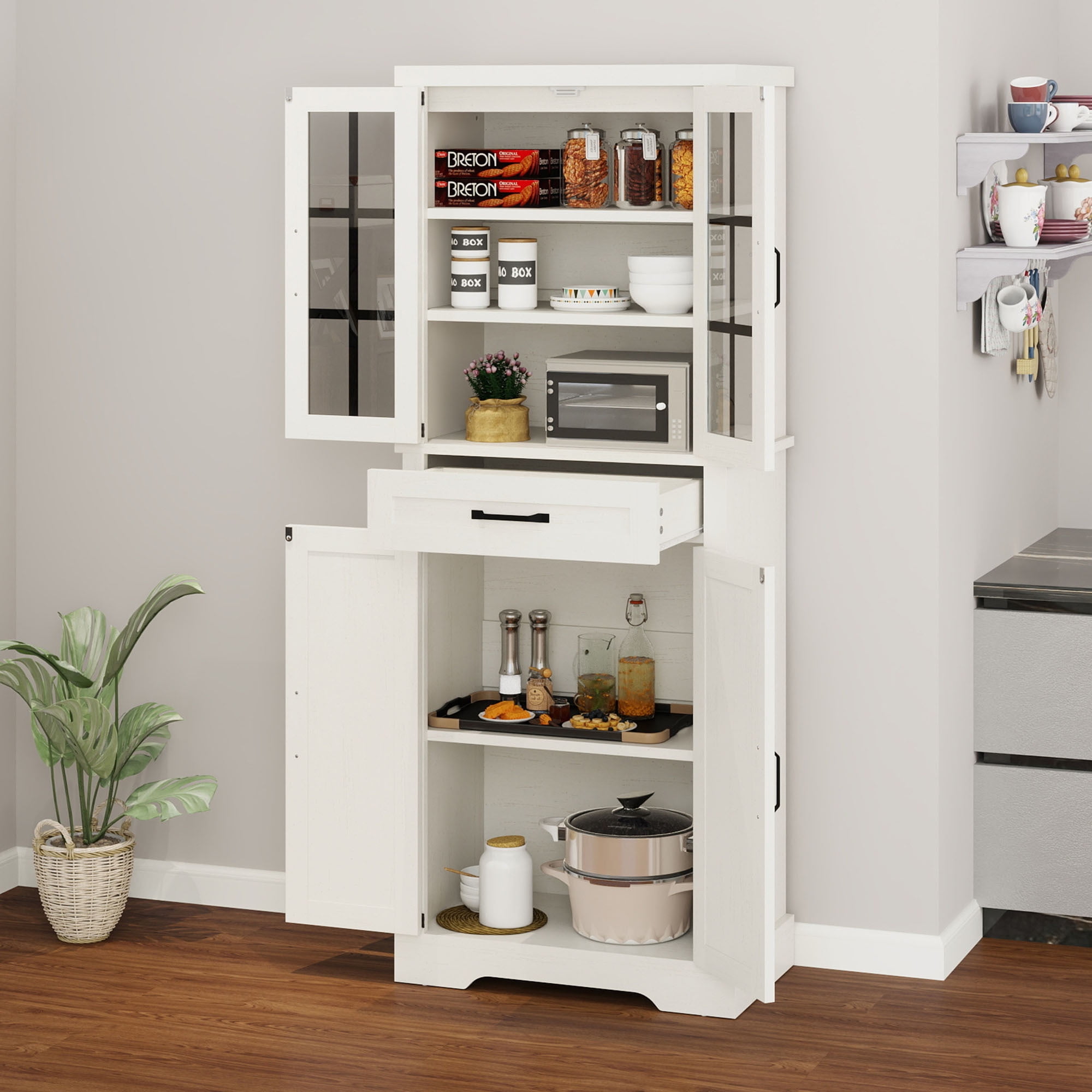 Uforic Kitchen Pantry Cabinet with Doors & Drawer, Storage Cabinet with Shelves, White