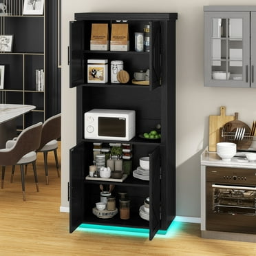 Uforic Kitchen Pantry Cabinet with Power Outlets & LED Lights, Farmhouse Storage Cabinet, Black