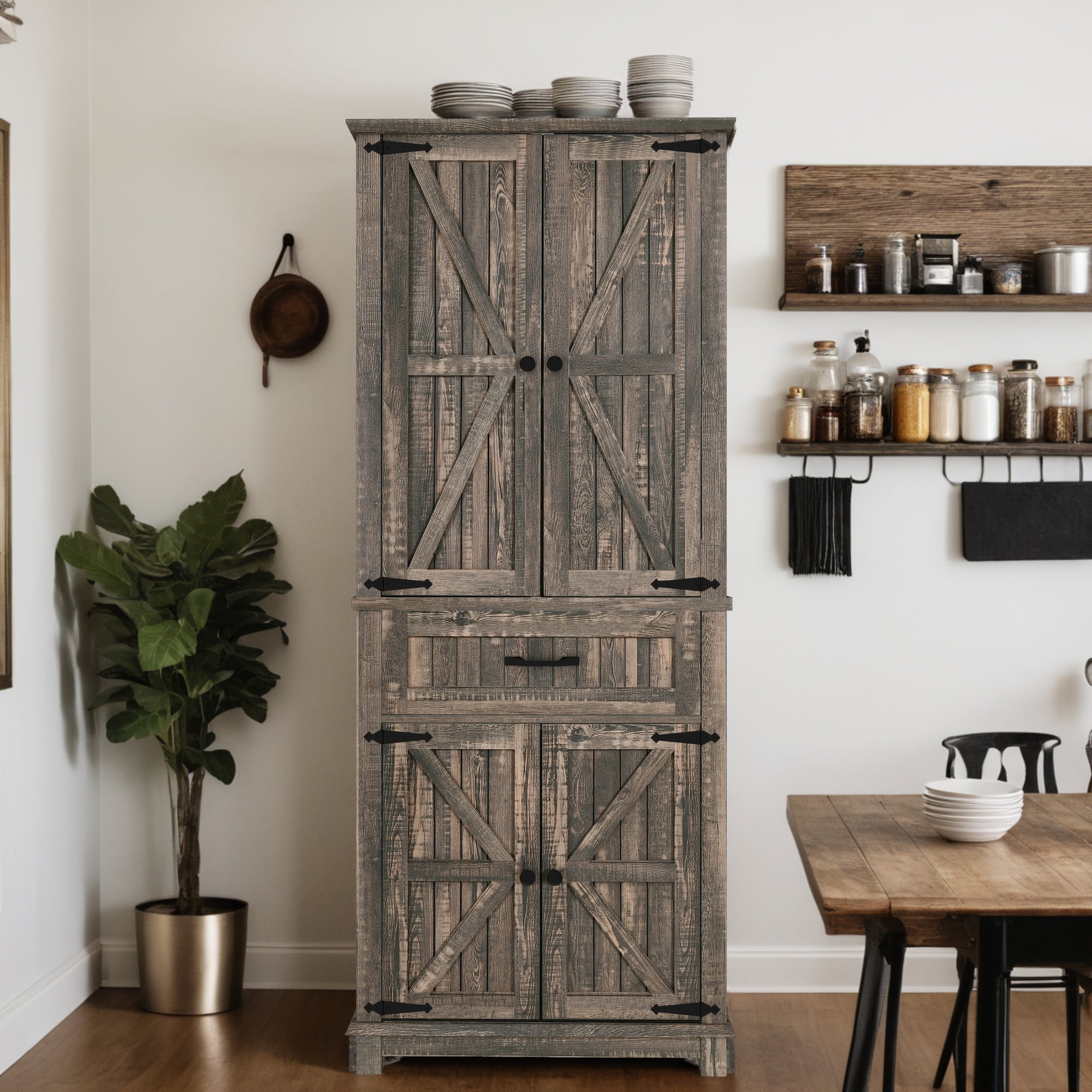 Uforic Kitchen Pantry Storage Cabinet with Doors and Drawer, Dark Oak