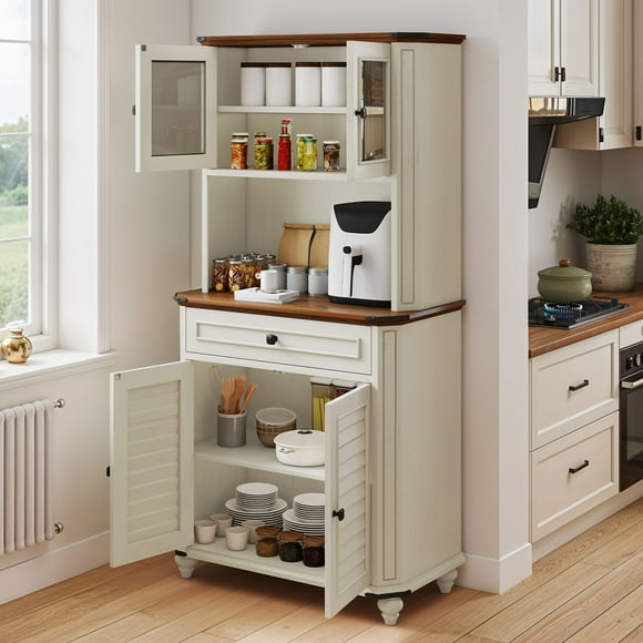 Uforic Kitchen Pantry Storage Cabinet with Microwave Stand & Drawer & Doors, White