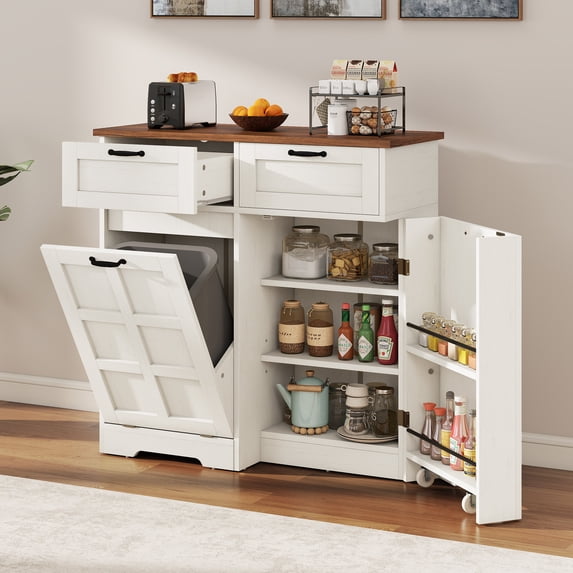 Uforic Kitchen Storage Buffet Cabinet for 10-gal Trash Bin, Tilt Out Trash Cabinet with Drawers & Shelves, White