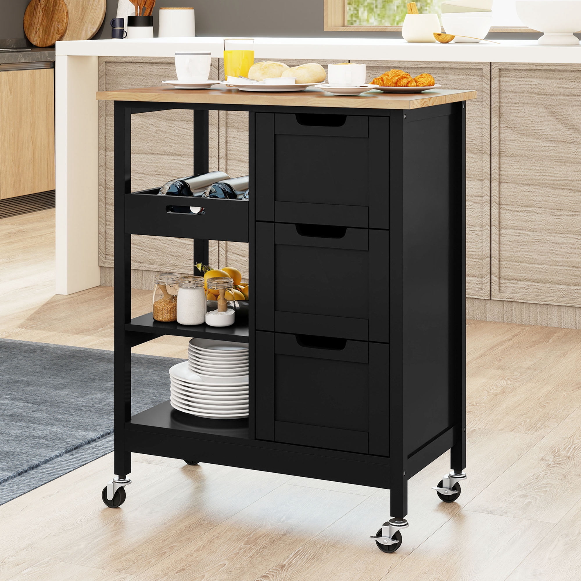 Uforic Kitchen Storage Cart with Drawers & Open Shelves, Rolling Kitchen Island, Black