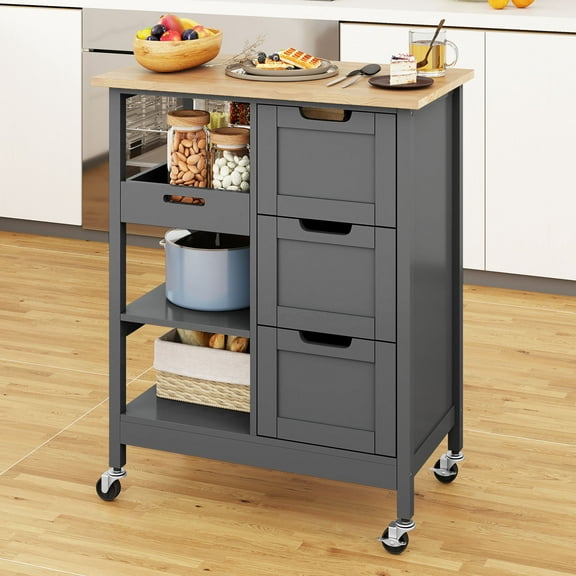 Uforic Kitchen Storage Cart with Drawers & Open Shelves, Rolling Kitchen Island, Gray