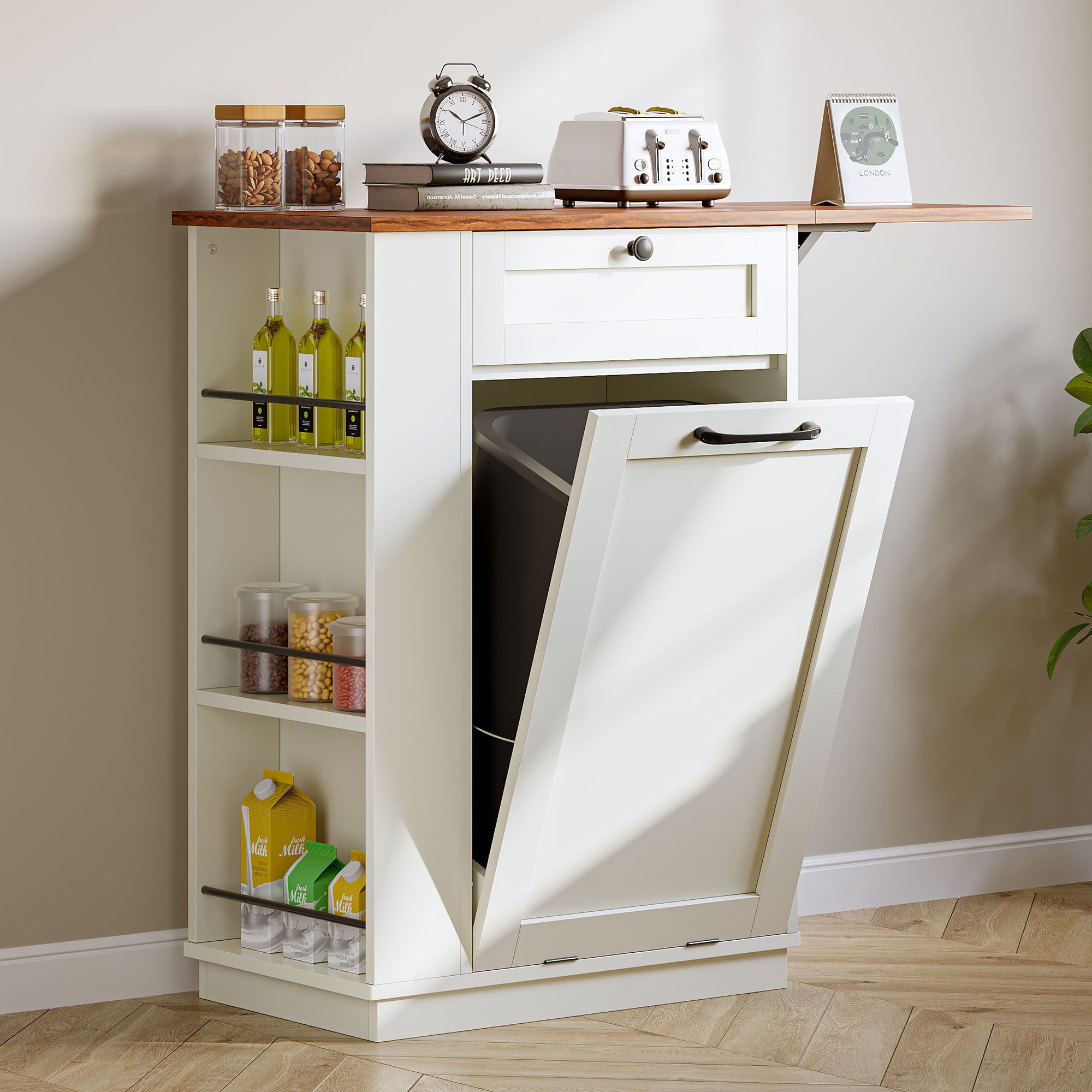 Uforic Kitchen Tilt Out Trash Can Cabinet with Drawer & Drop Leaf, Storage Cabinet for 10-gal Trash Bin, Off-White