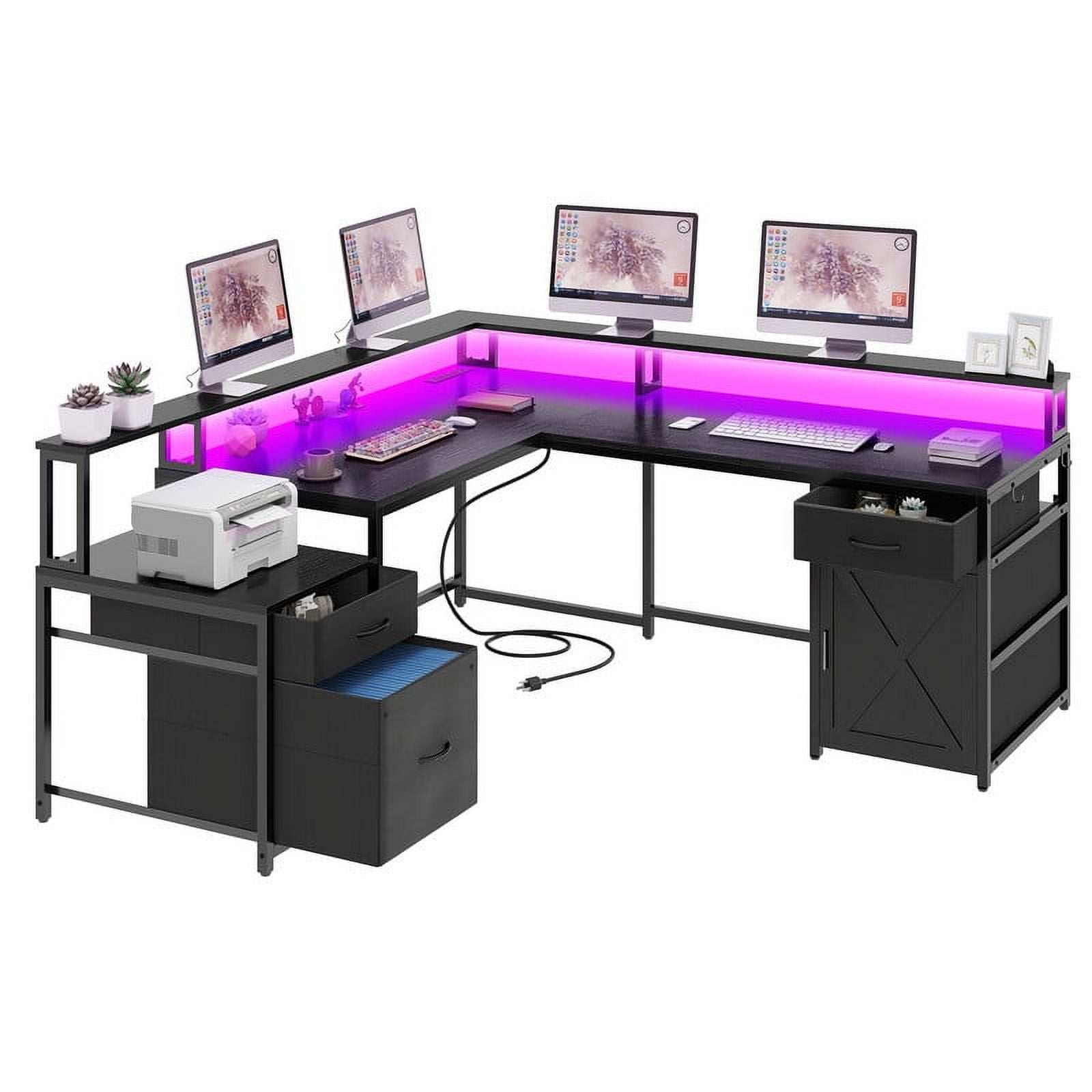 Uforic L Shape Desk with 3 Drawers& Monitor Stand, Reversible Computer Desk with LED Light& Power Outlet, Corner Gaming Desk Home Office Desk, Black