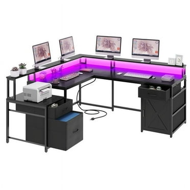 Uforic L Shape Desk with 3 Drawers& Monitor Stand, Reversible Computer Desk with LED Light& Power Outlet, Corner Gaming Desk Home Office Desk, Black