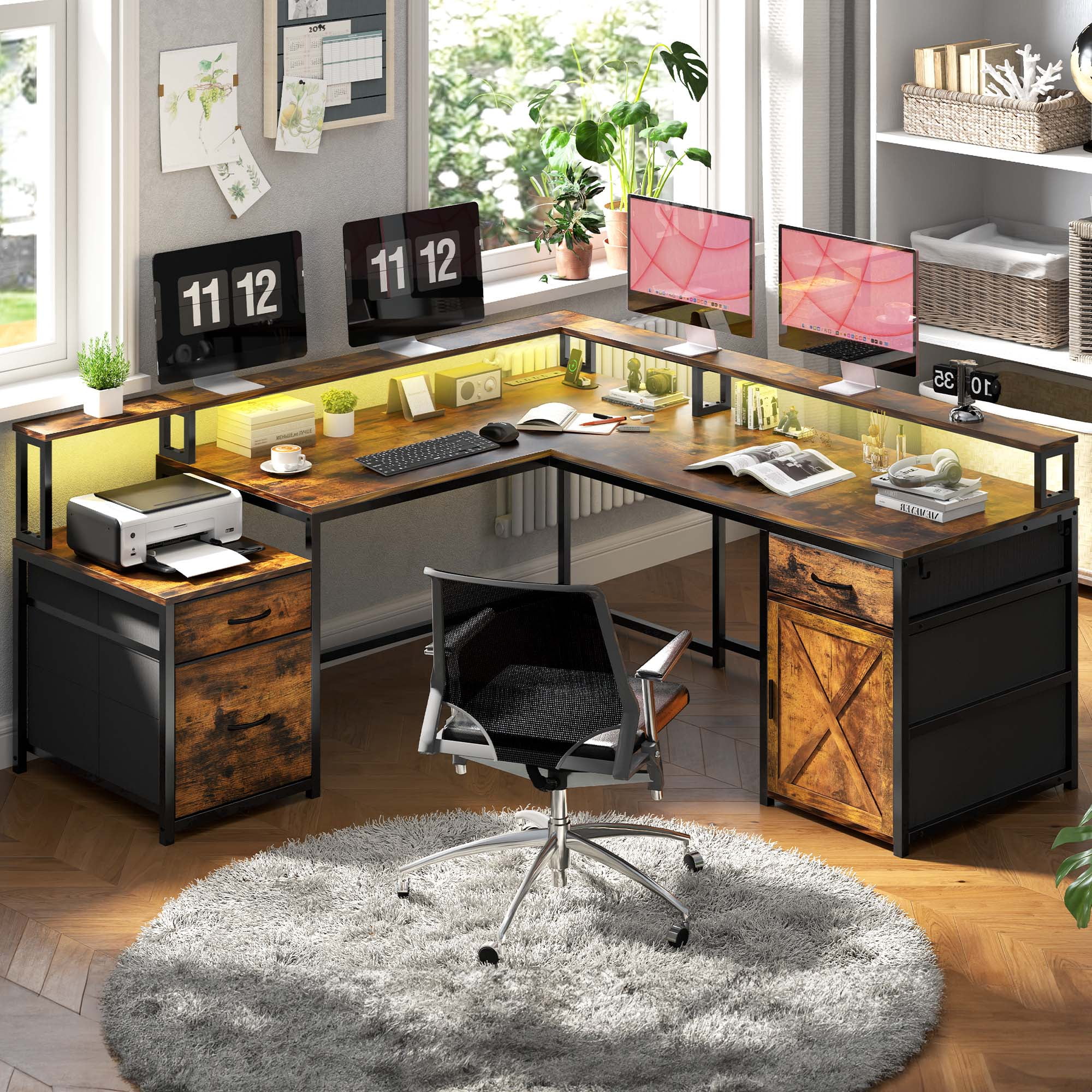 Uforic L Shape Desk with 3 Drawers& Monitor Stand, Reversible Computer Desk with LED Light& Power Outlet, Corner Gaming Desk Home Office Desk, Brown