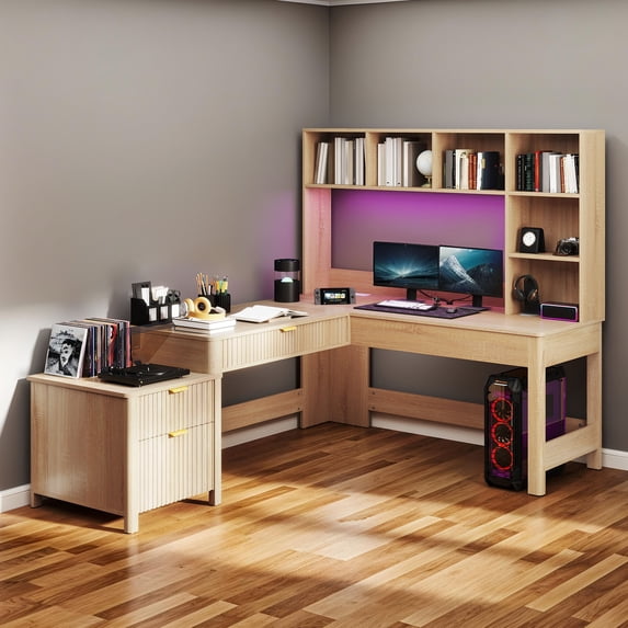 Uforic L Shape Desk with LED Light & Hutch, Home Office Computer Desk Executive Desk with Drawers